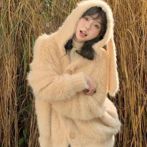 Load image into Gallery viewer, Harajuku Kawaii Fluffy Coat Y2k Aesthetic Fairy Grunge Jacket Warm Outwear Oversized Rabbit&#39;s Ears Hooded Cute Apricot Jackets
