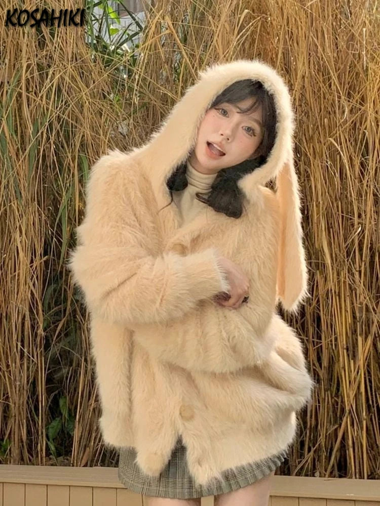 Harajuku Kawaii Fluffy Coat Y2k Aesthetic Fairy Grunge Jacket Warm Outwear Oversized Rabbit's Ears Hooded Cute Apricot Jackets