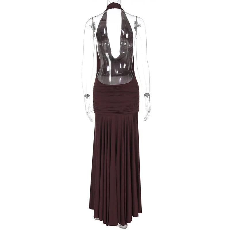 Halter Deep V Neck Sexy Maxi Dress For Women Gown Sleeveless Backless Thigh High Split Ruched Bodycon Long Dress