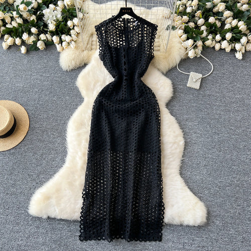 Load image into Gallery viewer, French Women Black Hollow Out Sleeveless Zipper Long Dress White Elegant Round Neck Slim Evening Party Dress Summer Street Trend
