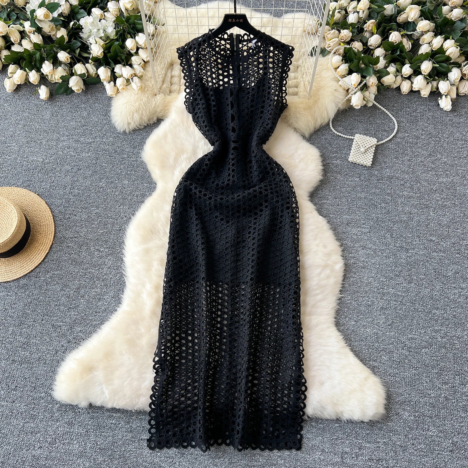 French Women Black Hollow Out Sleeveless Zipper Long Dress White Elegant Round Neck Slim Evening Party Dress Summer Street Trend