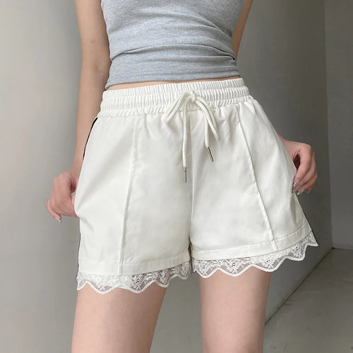 Load image into Gallery viewer, Casual Stripe Lace Spliced White Women Shorts Drawstring Elastic Waist Korean Style Homewear Summer Short Pants Hot
