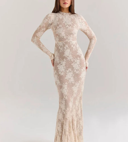 Elegant Lace New Long Sleeve Round Neck Dress Women Sexy Bodycon Tight Vestidos Autumn/Winter Party Club Evening Dress