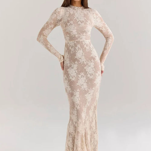 Load image into Gallery viewer, Elegant Lace New Long Sleeve Round Neck Dress Women Sexy Bodycon Tight Vestidos Autumn/Winter Party Club Evening Dress
