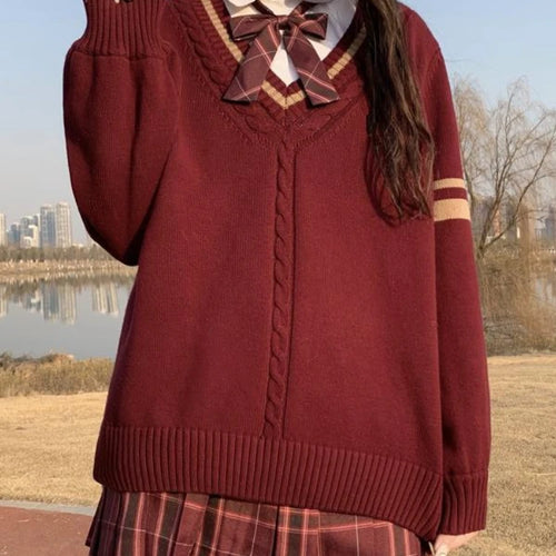 Load image into Gallery viewer, V-neck Twist Patchwork Grunge Sweaters Loose Knitted Vintage Solid Preppy Jumpers Japanese Y2k Aesthetic Femme Casual Pullovers
