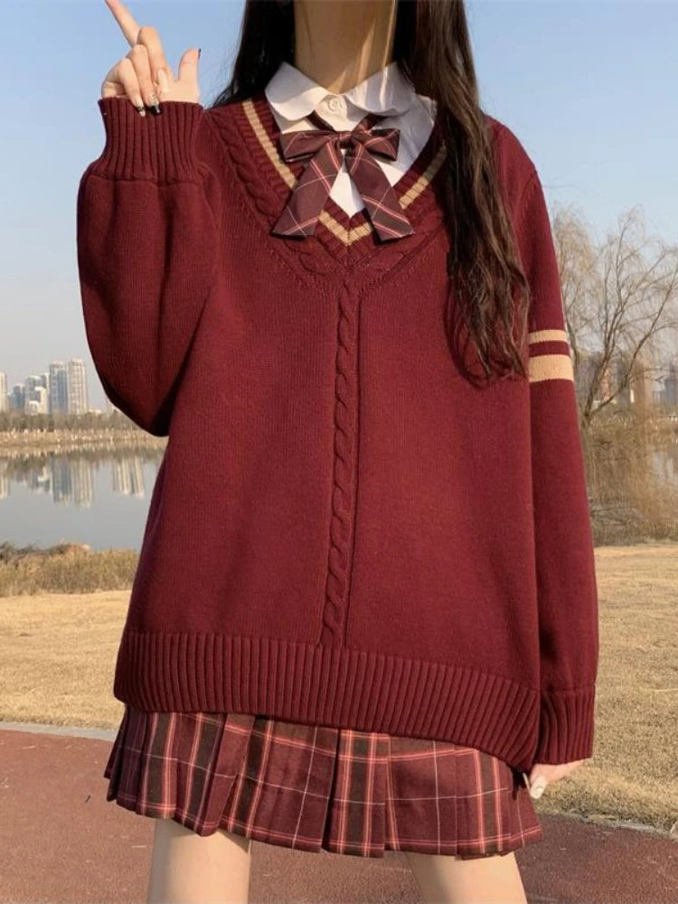 V-neck Twist Patchwork Grunge Sweaters Loose Knitted Vintage Solid Preppy Jumpers Japanese Y2k Aesthetic Femme Casual Pullovers