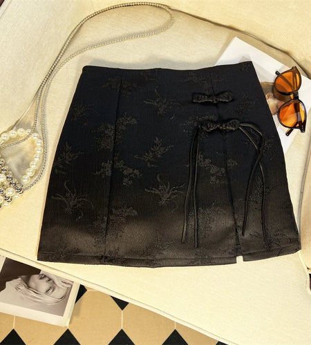 Retro Women's Black Button Up Jacquard Mini Skirts Vintage White High Waist Elegant Chinese Style A-line Short Skirt Summer 2024