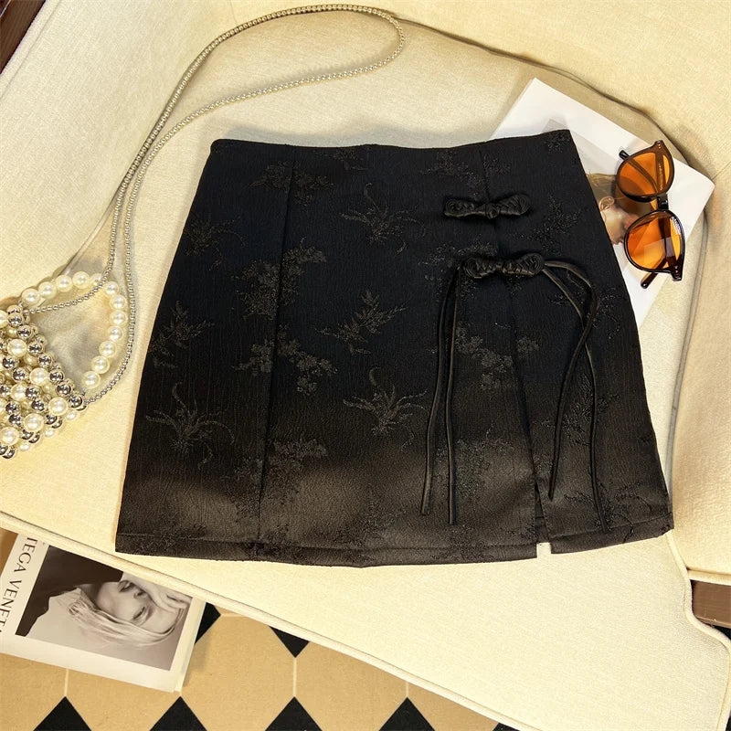 Retro Women's Black Button Up Jacquard Mini Skirts Vintage White High Waist Elegant Chinese Style A-line Short Skirt Summer 2024