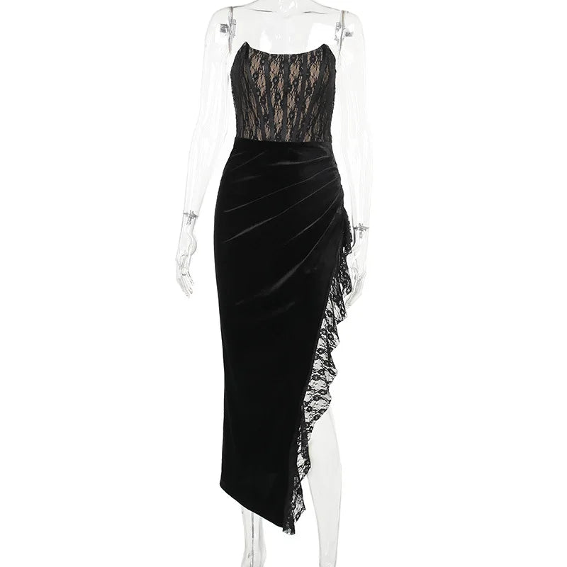 Elegant Lace Strapless Maxi Dress For Women Fashion Black Sleeveless Backless Bodycon Club Party Sexy Long Dress