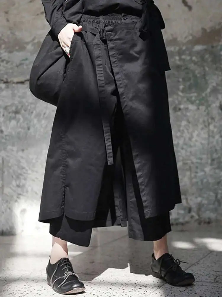 High Elastic Waist Black Irregular Bandage Wide Leg Pants New Loose Fit Trousers Women Fashion Spring Autumn 2025 JI0840