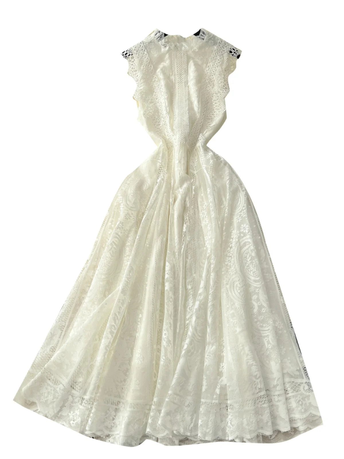 French Retro Romantic Women's Black Lace Elegant Sleeveless Long Dress Summer White Sexy Slim Ruffles Evening Party Fairy Dress