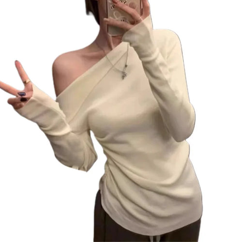 Load image into Gallery viewer, y2k Crop Top Clothing Women Solid Color Slant Neck Off Shoulder Long Sleeve Ruched T Shirt 2000s Clothes Streetwear
