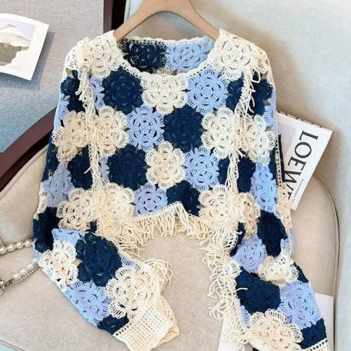 Load image into Gallery viewer, French Vintage 2024 New Women's Patchwork Tassel Hollow Out Long Sleeved Crochet Sweater Autumn Round Neck Elegant Knitted Tops
