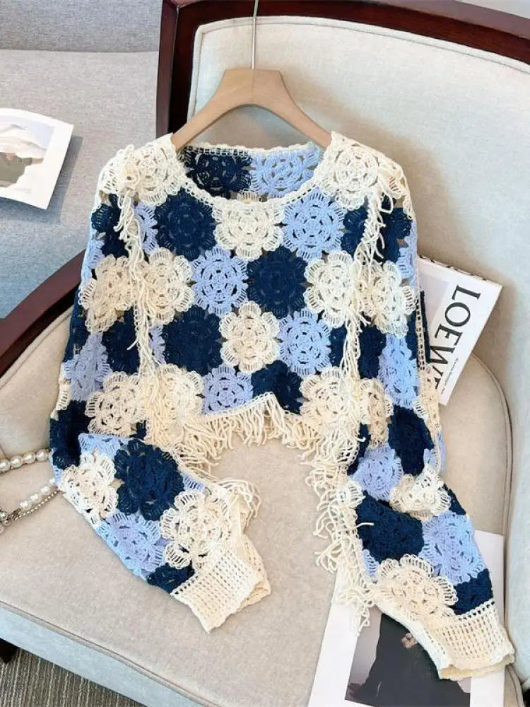 French Vintage 2024 New Women's Patchwork Tassel Hollow Out Long Sleeved Crochet Sweater Autumn Round Neck Elegant Knitted Tops