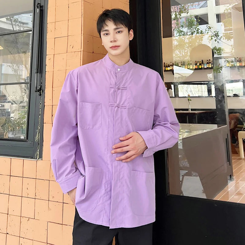 IEFB Stand Collar Male Shirts New Chinese Style Knot Button Long Sleeve Shirt Single Breasted Casual Loose Top Spring 9W1283