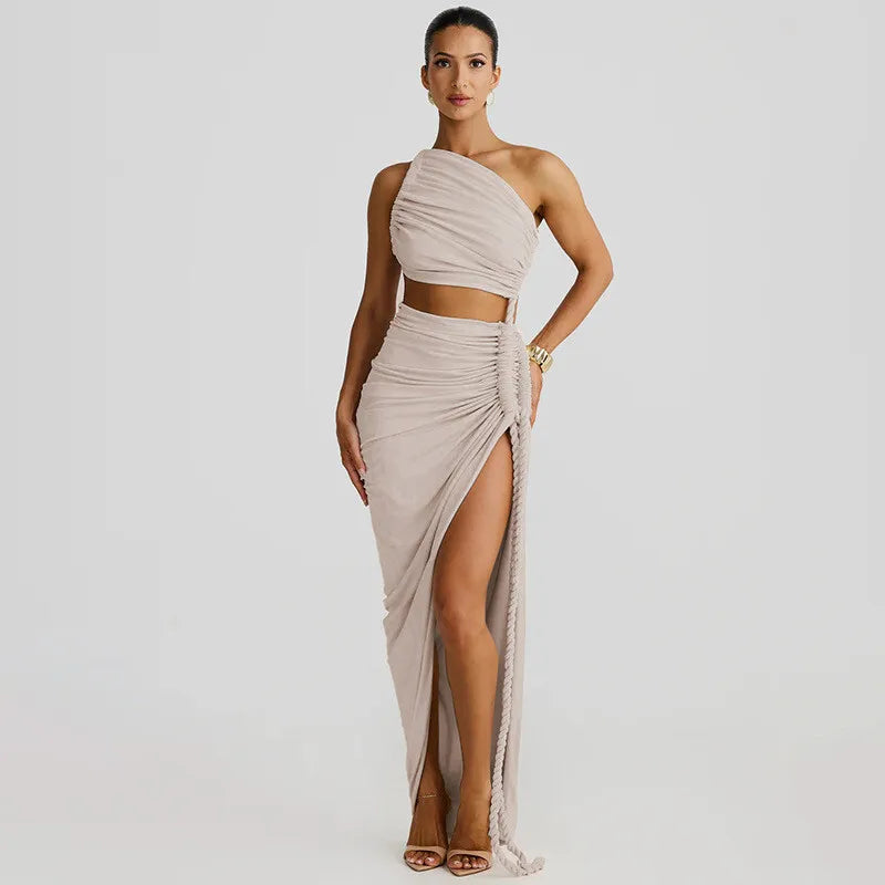 Off-shoulder Thigh High Split Sexy Maxi Dress For Women Fashion Strapless Sleeveless Ruched Bodycon Club Party Dress