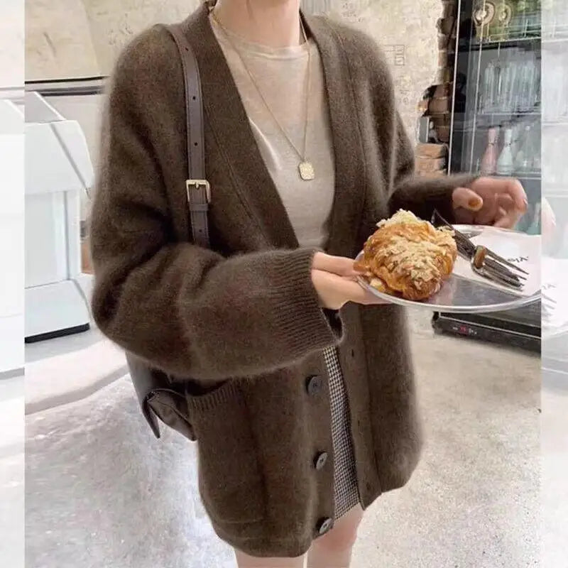 Korean 2024 New Women Solid V Neck Single Breasted Holiday Sweater Autumn Winter Long Sleeved Cardigan Knitted Short Top Popular