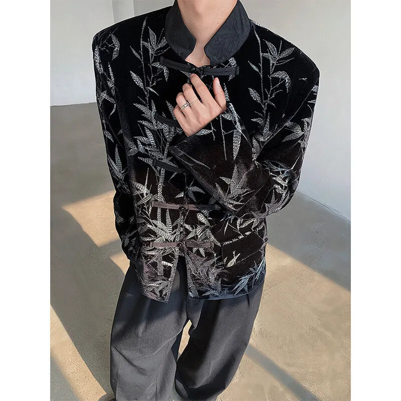 Men's Suit Coat New Spring  Embroidered Bamboo Design Leaf Chinese Style Knot Button Single Breasted Male Clothing 9W1698