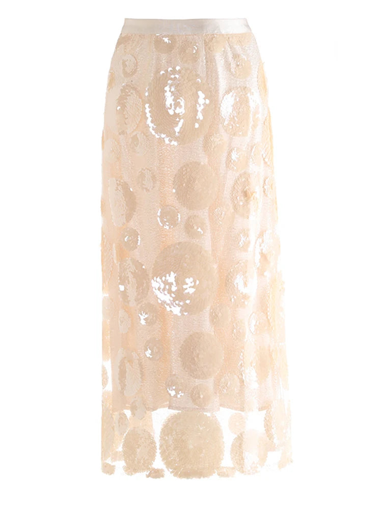 High Elastic Waist Black Sequin Floral Mesh Slit Elegant Half-body Skirt Women Fashion Tide New Spring Autumn 2025 1DJ0006