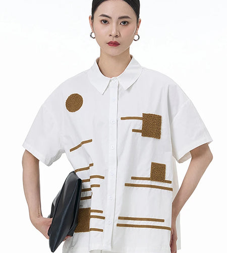 Women White Patch Spliced Big Size Casual Blouse New Lapel Short Sleeve Shirt Fashion Tide Spring Summer 2025 1DJ1495