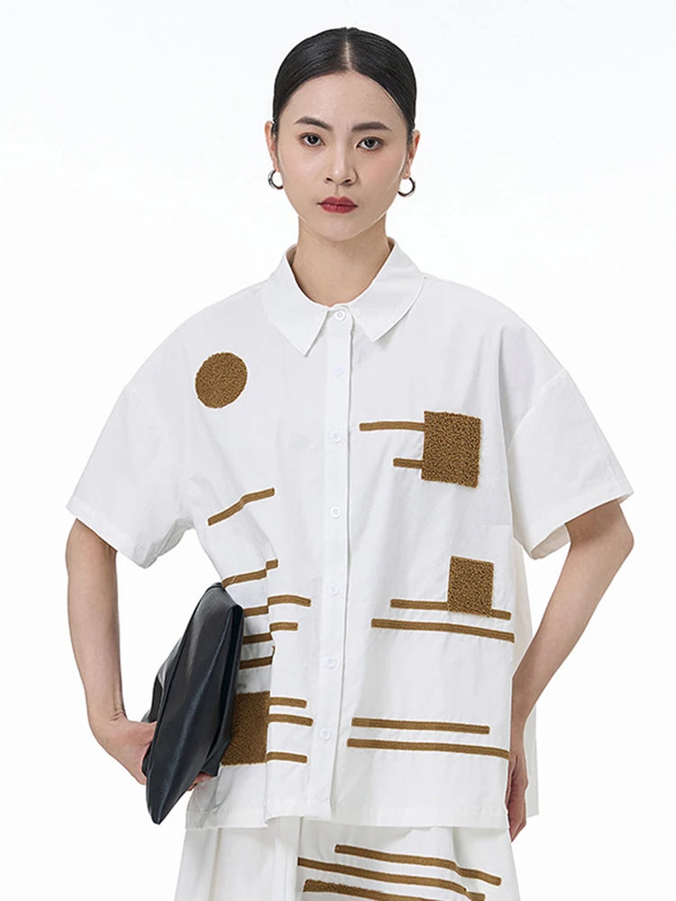 Women White Patch Spliced Big Size Casual Blouse New Lapel Short Sleeve Shirt Fashion Tide Spring Summer 2025 1DJ1495