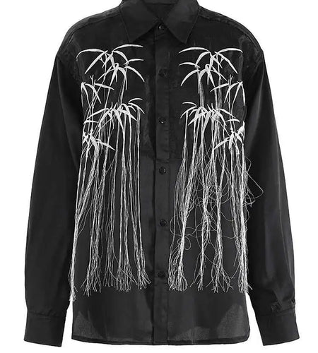 Women Black Embroidery Tassels Big Size Elegant Blouse New Lapel Long Sleeve Shirt Fashion Tide Spring Autumn 2025 CPG2149