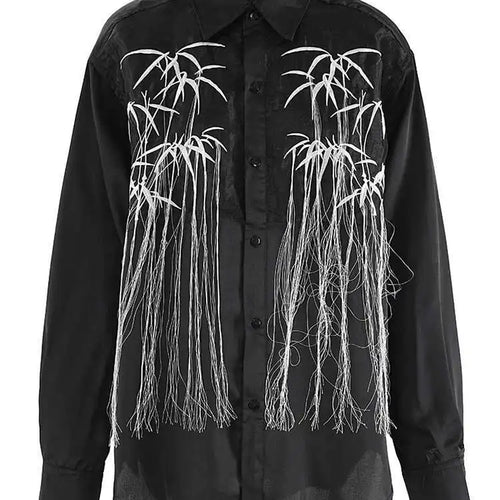 Load image into Gallery viewer, Women Black Embroidery Tassels Big Size Elegant Blouse New Lapel Long Sleeve Shirt Fashion Tide Spring Autumn 2025 CPG2149
