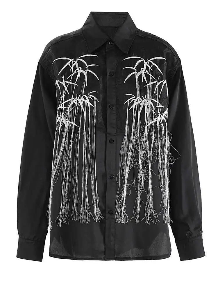 Women Black Embroidery Tassels Big Size Elegant Blouse New Lapel Long Sleeve Shirt Fashion Tide Spring Autumn 2025 CPG2149