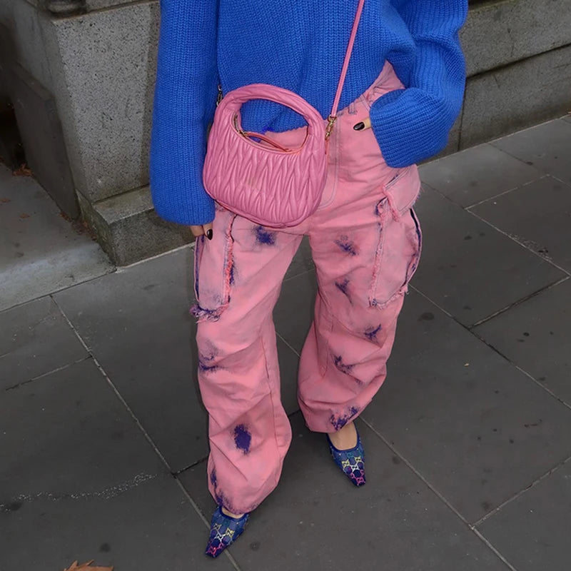 Vintage Y2K Pink Graffiti Low Waist Jeans for Women Streetwear Burr Cargo Pants Pockets Wide Leg Trousers Denim Chic