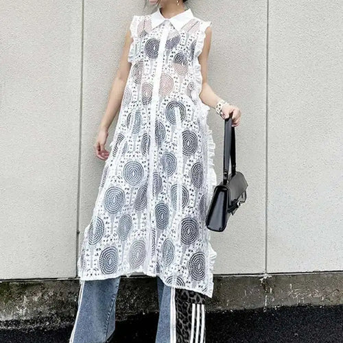 Load image into Gallery viewer, Women White Lace Perspective Ruffles Big Size Shirt Dress New Lapel Sleeveless Fashion Tide Spring Summer 2025 1DH6069
