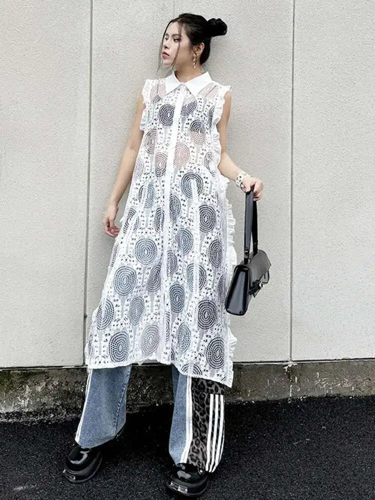 Women White Lace Perspective Ruffles Big Size Shirt Dress New Lapel Sleeveless Fashion Tide Spring Summer 2025 1DH6069
