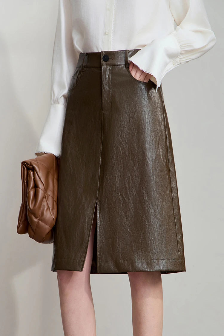 Minimalist PU Leather Skirt For Women 2025 American Retro Knee-Length Skirt Solid Basics Business Women's Clothing 12553014