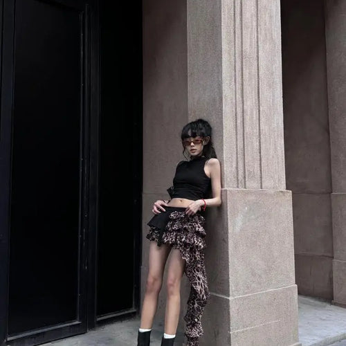 Load image into Gallery viewer, Vintage Brown Leopard Print Pleated Short Skirt Women Sexy Club Irregular Ruffle Cake Mini Skirts Summer Y2k Streetwear Fashion
