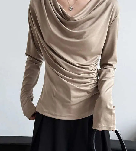 Women White Black Pleated Brief Elegant T-shirt New Round Neck Long Sleeve Fashion Tide Spring Autumn 2025  1DJ0277