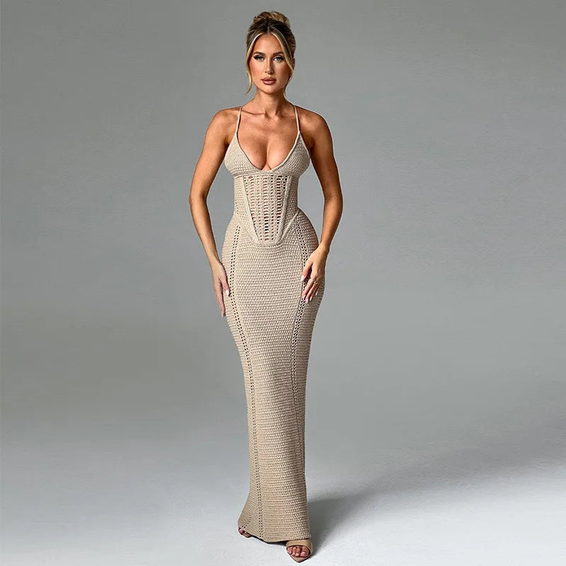 Hollow Out Backless Knit Dress For Women Spaghetti Strap Bandage Sleeveless Bodycon Club Party Sexy Long Dress Elegant