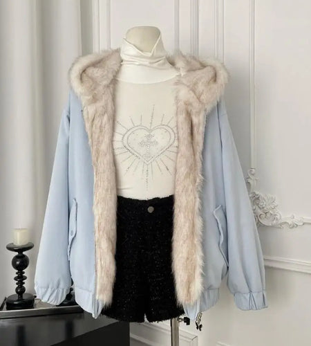 Korean Fashion Women's Blue Hooded Long Sleeved Elegant Short Cotton Coat Autumn Winter Warm Festival Zipper Jacket Tops Casual