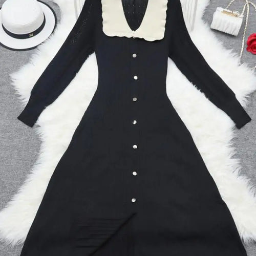 Load image into Gallery viewer, Vintage Autumn 2024 New Women's Patchwork Single Breasted Knit Dresses French Elegant Festival Slim Long Sleeve Dress Streetwear
