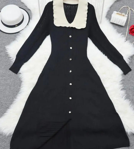 Korean Women's Autumn Black Patchwork Long Sleeved Casual Dress Fashion Red Purple Single Breasted Office Knit Dress Holiday New