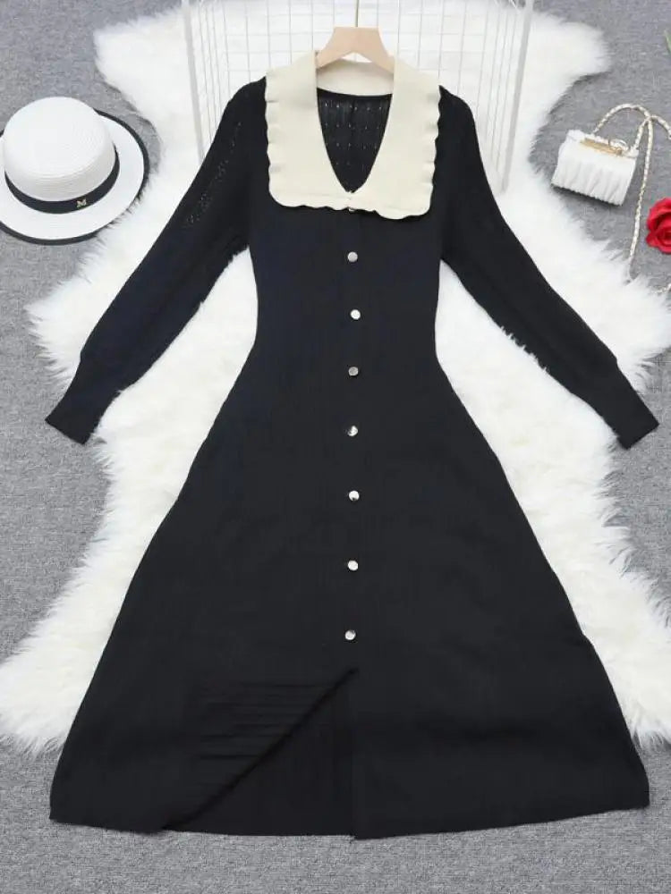 Korean Women's Autumn Black Patchwork Long Sleeved Casual Dress Fashion Red Purple Single Breasted Office Knit Dress Holiday New