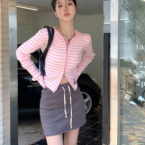 Load image into Gallery viewer, 2025 Pink Striped Vintage Y2k Aesthetic Women Cardigan Japanese Knitted Sweater Crop Coat Female Hooded Double Zipper Kardigany
