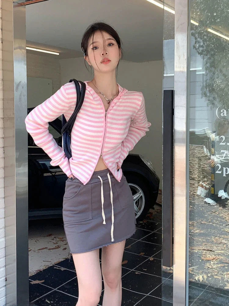 2025 Pink Striped Vintage Y2k Aesthetic Women Cardigan Japanese Knitted Sweater Crop Coat Female Hooded Double Zipper Kardigany