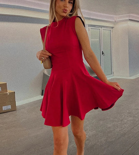 Half High Collar Sleeveless Sexy Mini Dress For Women Fashion Solid Red High Waist A-line Club Pleated Sexy Dress