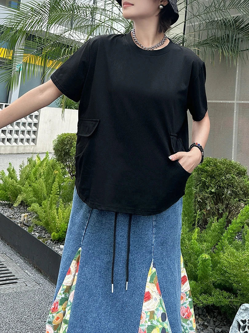 Women Black Pocket Button Big Size Casual T-shirt New Round Neck Short Sleeve Fashion Tide Spring Summer 2025 1DJ1616