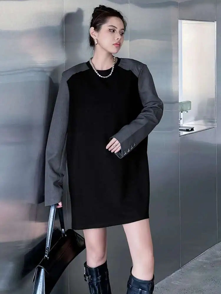 Women Black Color-block Blazer Fabric Elegant Mini Dress New Round Neck Long Sleeve Fashion Spring Autumn 2025 1DH9822