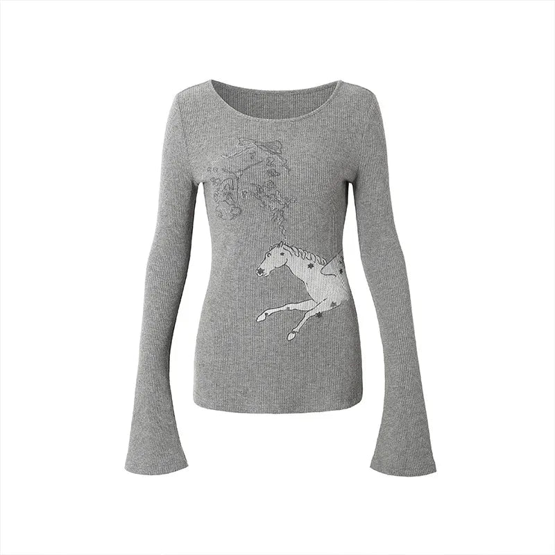 Japanese Y2k Knitted Tops Grunge Aesthetics Long Sleeve Ribbed Top Vintage Harajuku Graffiti Print T-shirt Trashy 2000s