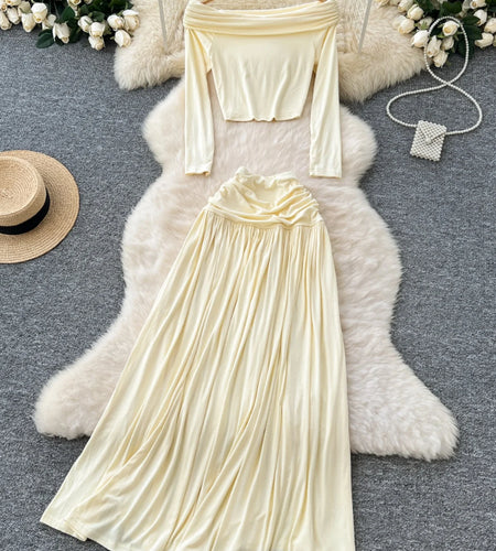 Spring Autumn Women's Beige Elegant Long Sleeved Off Shoulder Top And High Waist Pleated Long Skirt French Fashion Two-piece Set