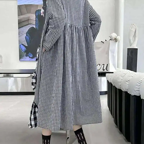 Load image into Gallery viewer, Women Black Plaid Pocket Vintage Big Size Midi Shirt Dress New Lapel Long Sleeve Fashion Tide Spring Autumn 2025 1DH6567
