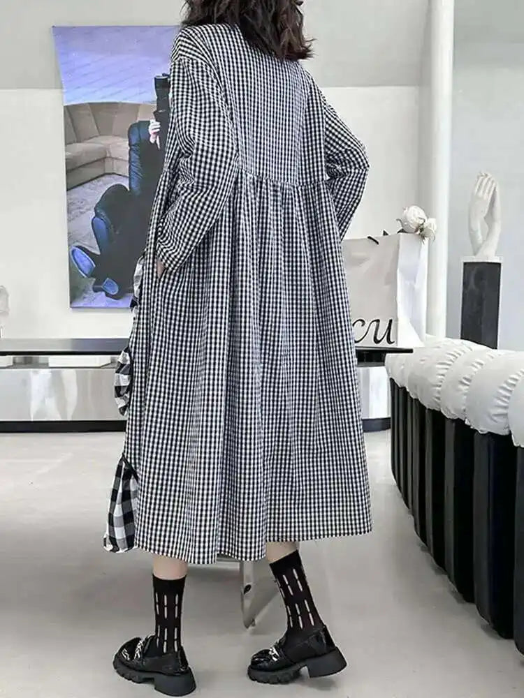Women Black Plaid Pocket Vintage Big Size Midi Shirt Dress New Lapel Long Sleeve Fashion Tide Spring Autumn 2025 1DH6567
