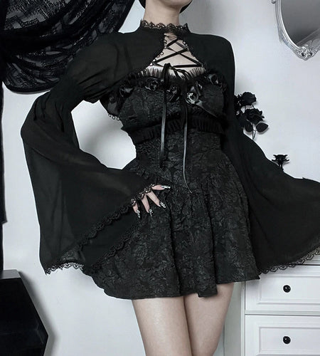 Harajuku Girls Crop Blouse Vintage Women Y2k Lace Patchwork Top 2025 Summer Lolita Cape Flare Sleeve Blusas Gothic Casual Shirts