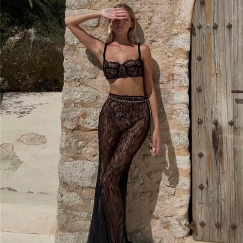 Load image into Gallery viewer, See Through Lace Two Piece Skirt Sets Women Crop Top And Maxi Skirt Sets Elegant Party Beach Sexy Two Piece Set
